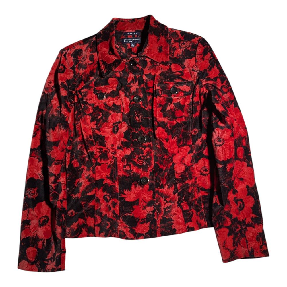 Vtg Y2K Jones New York Red Black Cotton Blend Velour Heavy Button Up Shirt Sz 6